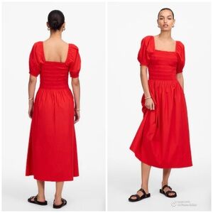 Madewell Cerise Red Smocked Puff Sleeve Dress in Poplin Size Small NWT